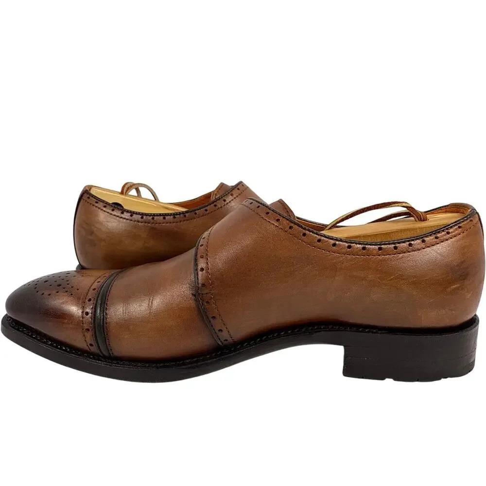 Speroni Monk Strap Dress Shoes Mens 7 7.5‎ Italian Cognac Leather Brogue Cap Toe